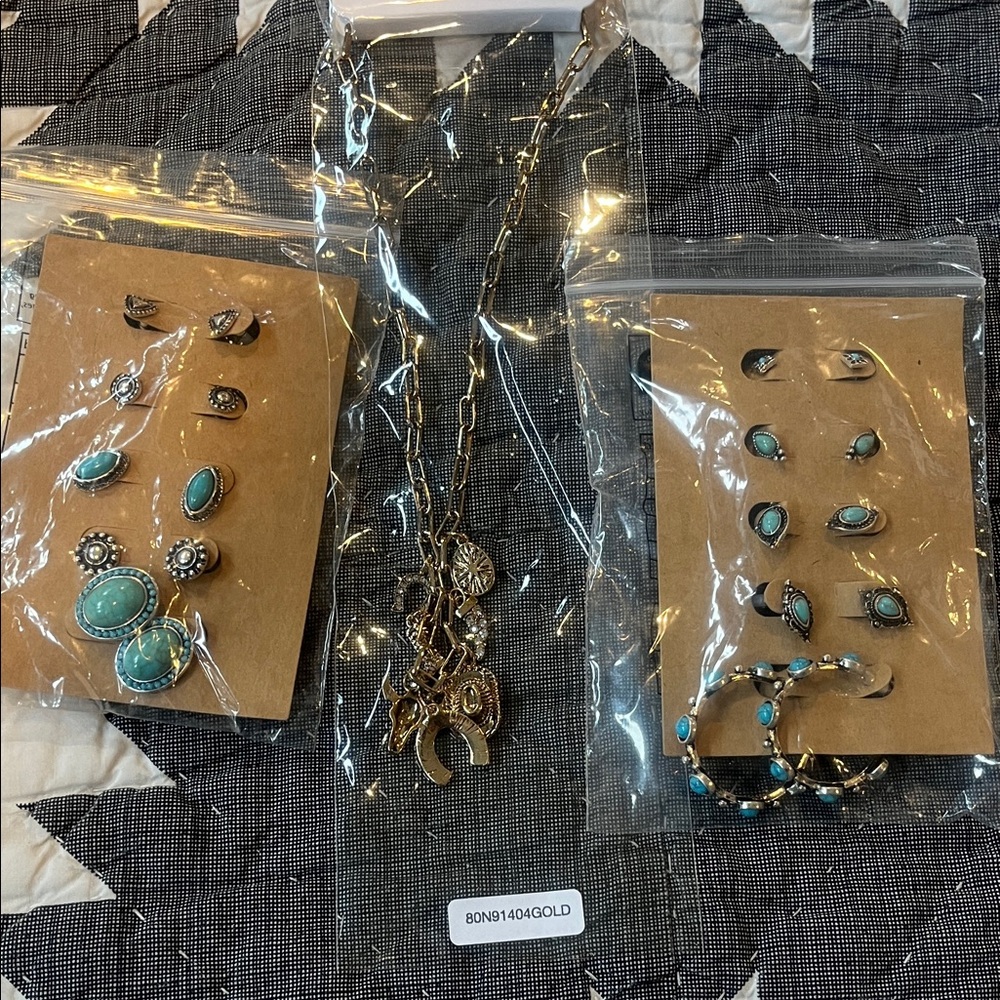 Boho Turquoise and Gold Earring & Necklace Set - Women Jewelry